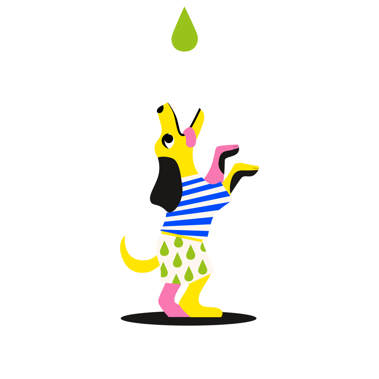 Big Blue Dogs Signature Hund Slurpy, der nach einem Tropfen der Mikronährstoffbasis lechzt und sich darauf  sichtlich freut