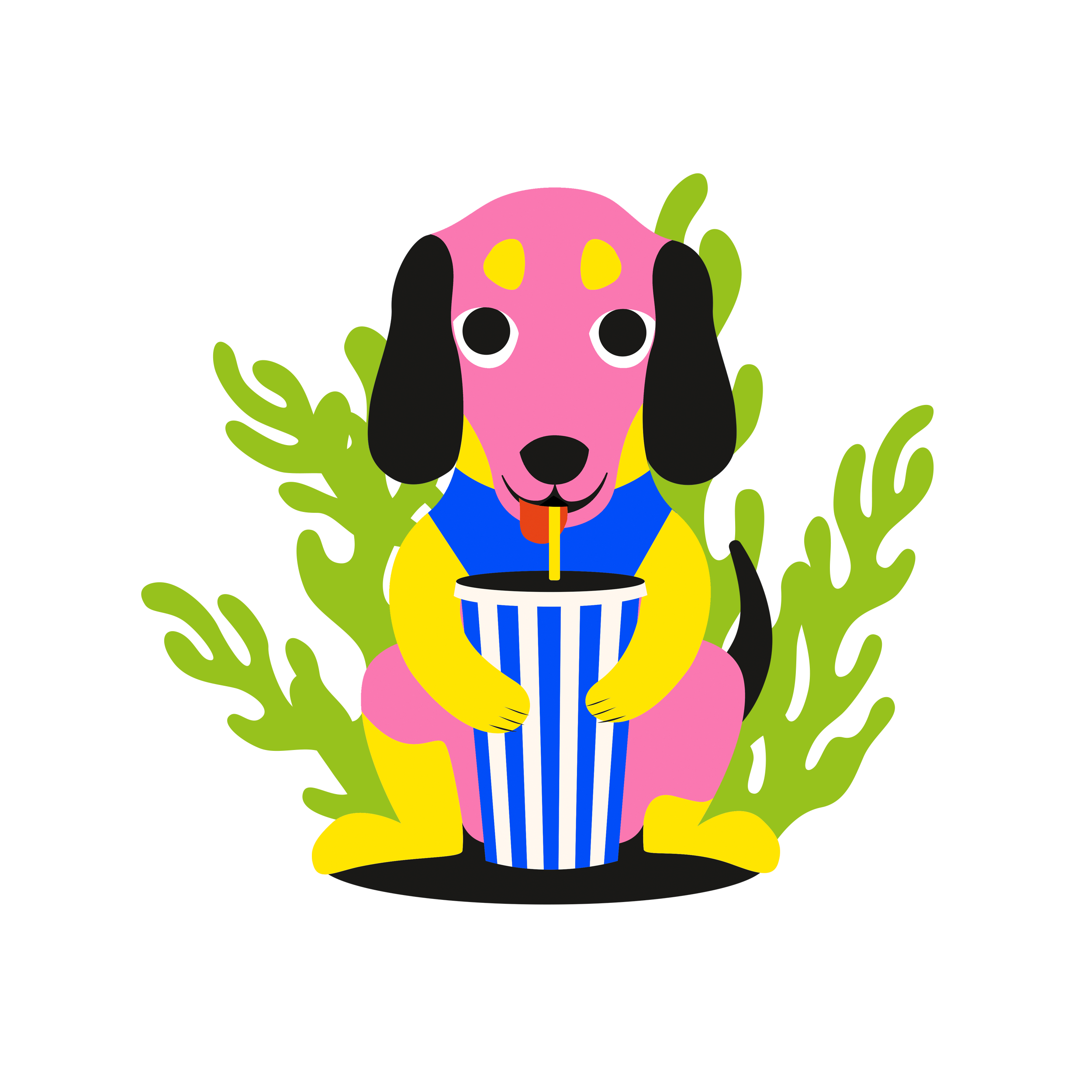 Big Blue Dogs Slurpy Dog mit Signature Becker und illustriertem Algenwald im Hintergrund