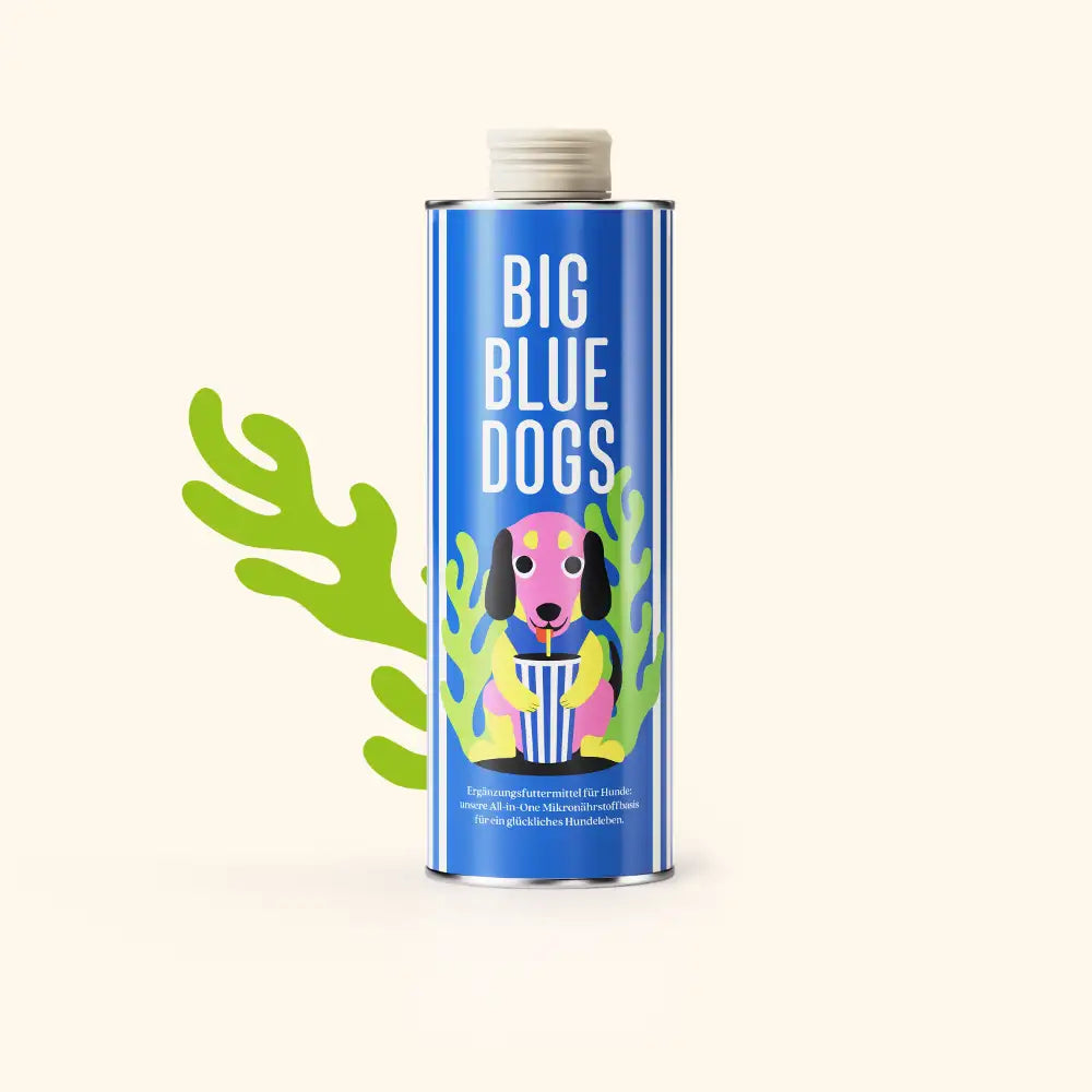 Big Blue Dogs Mikronährstoffbasis Produktabbildung der ölbasierten Algenmischung in Dose