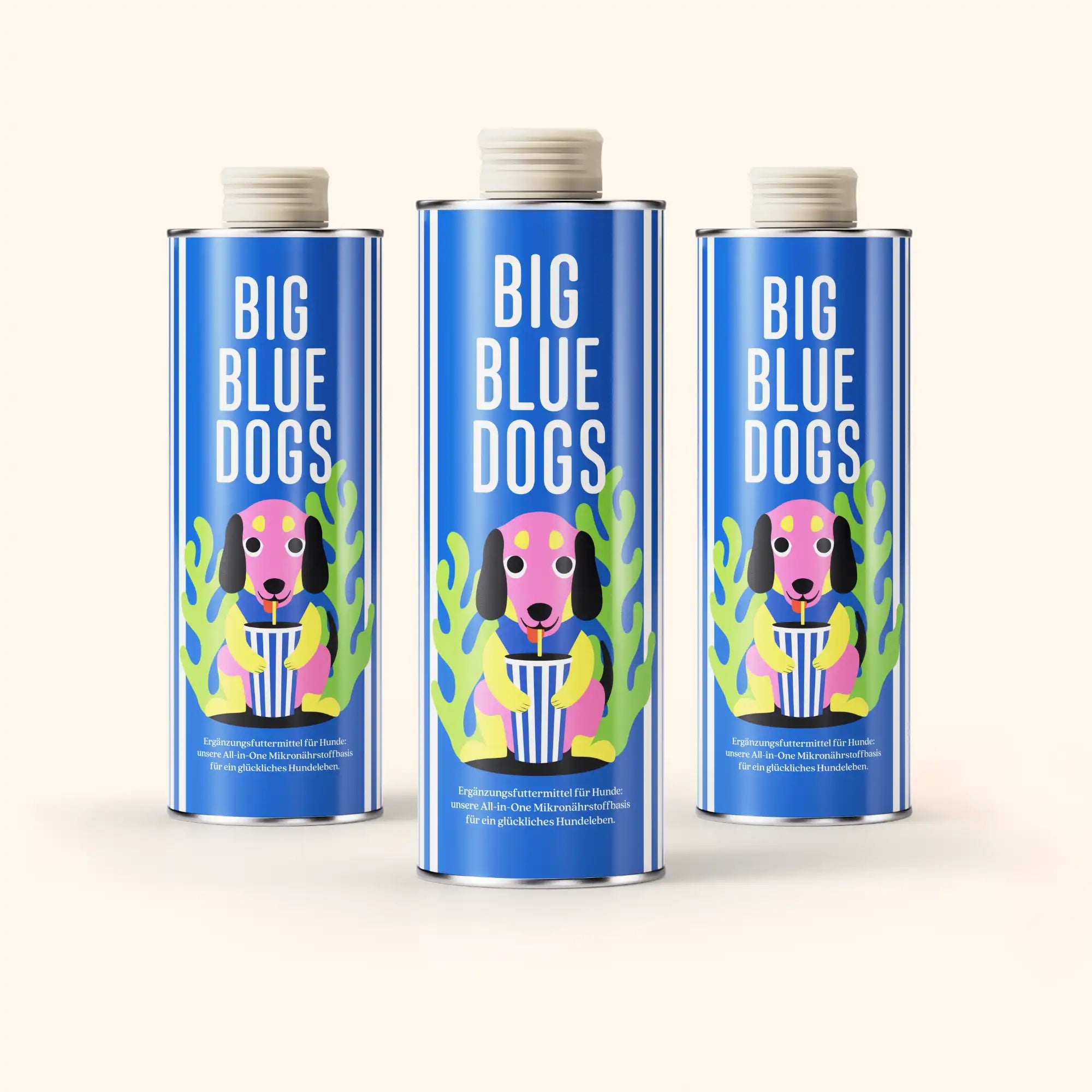 Big Blue Dogs Mikronährstoffbasis Abbildung der drei Dosen aus denen die 75-Tage-Intensivkur besteht